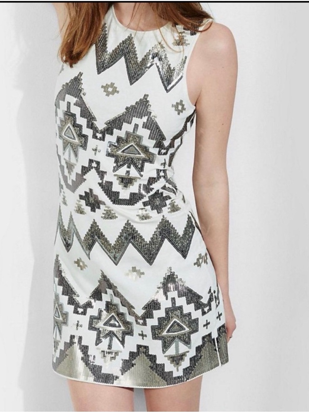 Express Dress Womens Small White Sequin Geometric Boho Aztec Stretchy NWOT